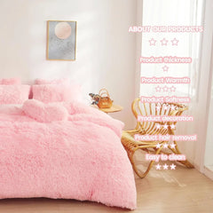 Fluffy Faux Fur Pink Comforter Cover Set Queen - Ultra Soft Plush Pink Bedding Sets 3 Pieces (1 Fluffy Cover Duvet Cover Set