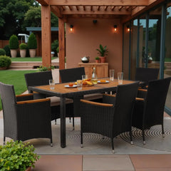 7 piece outdoor patio dining set, conversation set, 1 table and 6 rattan chairs, curved acacia wood armrests and cushions, black