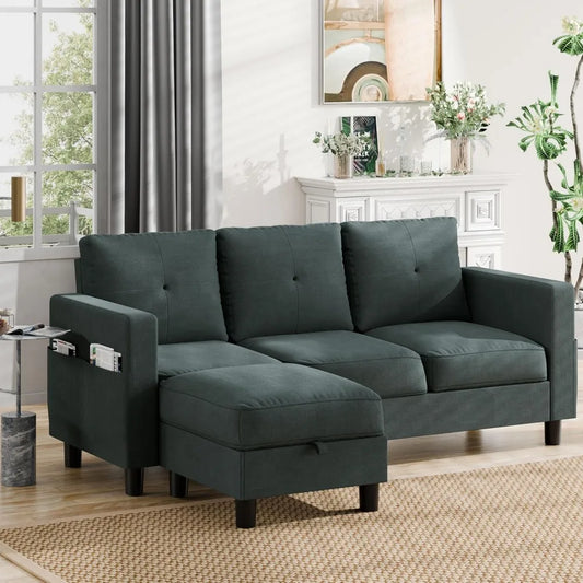 Sectional Sofa Couch Convertible L Shaped Sofas with Storage Ottoman Small Sectional Couches for Living Room, 3 Seater Couch wit
