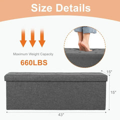 43" Folding Storage Ottoman Bench, Holds Up to 660 lbs, Grey Footrest Stool with Padded Seat