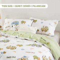 Kids Duvet Cover Set Full Size, Cotton Cartoon Car Truck Bedding Set for Boys Girls, 3 Pieces Soft Breathable White Yellow Plaid