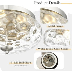 Large Ceiling Light Fixtures 3-Ight Flush Mount Indoor Outdoor Ceiling Light with Water Ipple Glass Shade for Kitchen Bedroom