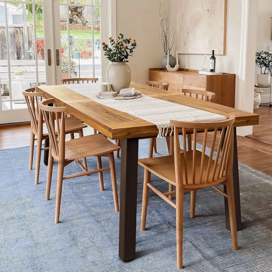Home Acacia Wood Dining Table 6-Person Indoor Outdoor Table with Iron Legs, Sandblast Finish, Natural Stained, Rustic Met