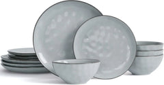 Dinnerware Sets for 4, Ocean Round 12-Piece Kitchen Plates and Bowls Sets, Reactive Glaze, Microwave and Dishwasher Safe,