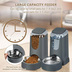 Automatic Cat Feeder and Water Dispenser with Stainless Steel Bowl Dog Gravity Food Feeder and Waterer for Small Medium Pets