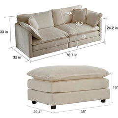 Deep Seat Sectional Sofa, 76.7" Comfy Cloud Couch loveseat with Ottoman, Modern Chenille Upholstered Modular Sofa L Shaped Couch
