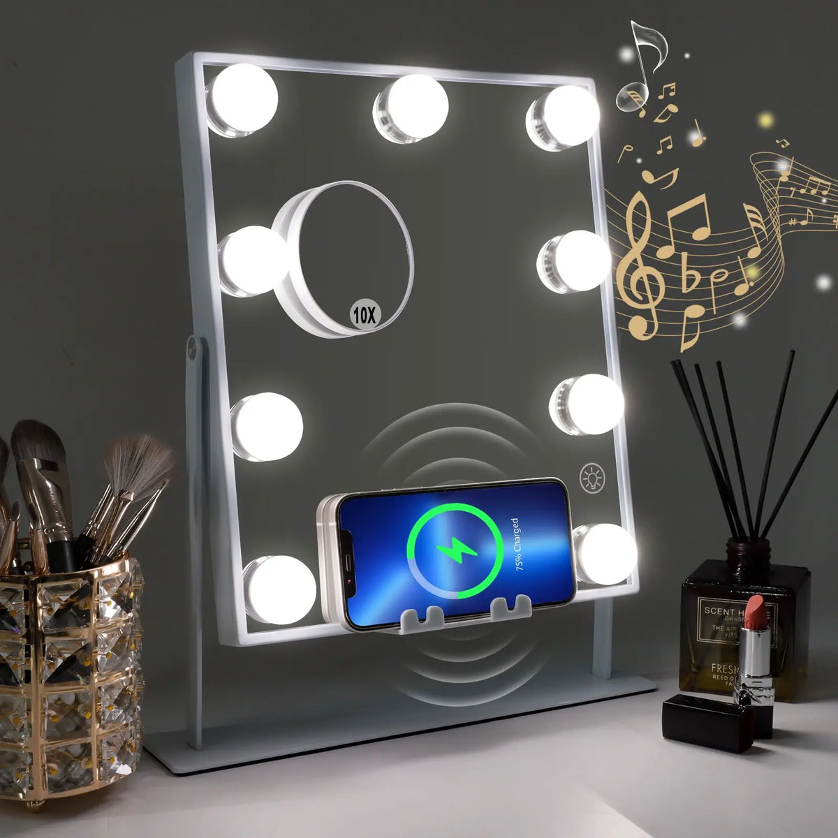 Lighted Vanity Mirror with Bluetooth Speaker & Wireless Charging, 3 Color Modes, 9 Dimmable Bulbs