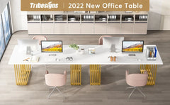 Tribesigns 70.9" Modern Office Desk, Wooden Computer Desk, White Executive Desk with Gold Metal Legs, Small Conference Table