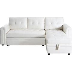 Sofa Bed with USB Ports, L-Shaped Convertible Pull-Out Couch with Reversible Chaise & Storage, Air Leather