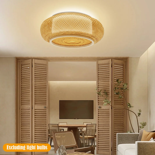 16"Vintage Woven Bamboo Ceiling Lights Rattan Flush Mount Ceiling Light Wicker Basket Light Art Bamboo Light Handmade