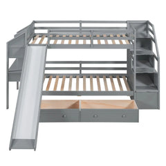 Wood Twin Over Twin Bunk Bed with Desk and Slide,Drawers Bookcase and Storage Staircase for Kids, White