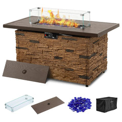 43" Propane Fire Pit Table, Outdoor Stone Firepit Table, Rectangular 50000 BTU Propane Fire Tables for Outside