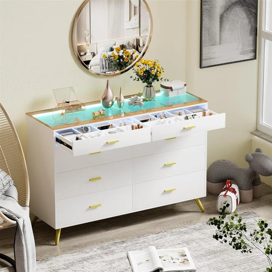 Dresser with LED Lights for Bedroom,8 Drawer Dressers with Tempered Glass Top,Chests of Drawers with 2 Grid Drawer,Living Room