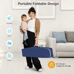 Minikid Baby Playard with Bassinet,Unisex Playpen Include Music Box and Hanging Toys,Portable Crib for Newborn to Toddlers,Blue