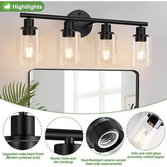 4-Light Bathroom Light Fixtures, Matte Black Modern Vanity Lights Over Mirror with Clear Glass Shade, Bathroom Wall Lamp
