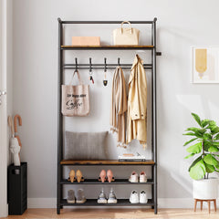 Large Coat Rack Shoe Bench, 4-in-1 Hall Trees Entryway Bench with Coat Rack & Shoe Rack, Steel Frame Storage Shelf & Hanging Bar