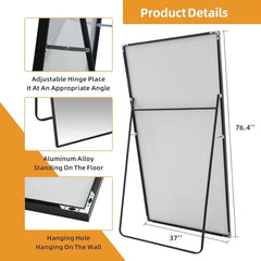 Full-length Mirror, 76.4 "x37" Black Oversized Tempered Floor Mirror with Stand, Full-length Vanity Mirror Suspended or Tilted,