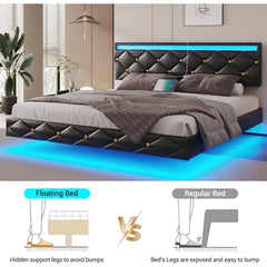 King Size Floating Bed Frame with LED Lights & USB Ports, Faux Leather Upholstered Platform Bed