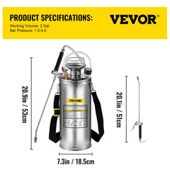 VEVOR 2Gal Stainless Steel Sprayer Hand Pump Sprayer with Pressure Gauge&Safety Valve Adjustable Nozzle for Gardening Sanitizing