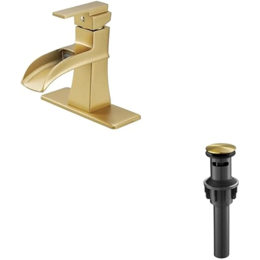 Gold Bathroom Sink Faucet 1 Hole, Brass Waterfall Faucet for Bathroom Sink, Gold Pop up Drain with Anti-Clogging Removable Stop