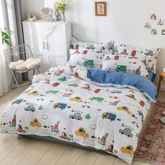Kids Duvet Cover Set Full Size, Cotton Cartoon Car Truck Bedding Set for Boys Girls, 3 Pieces Soft Breathable White Yellow Plaid