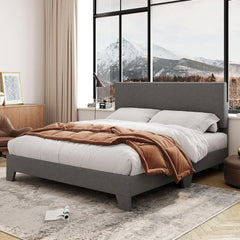 King Size Upholstered Platform Bed Frame with Adjustable Headboard & Wood Slats, No Box Spring Needed