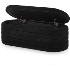 Modern Oval Storage Ottoman Bench – Upholstered Boucle Teddy Fabric with Hidden Storage, Black