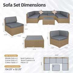 7 Piece Outdoor Patio Furniture Set with Cushions, PE Rattan Wicker Modular Patio Sofa Set with Coffee Table, and Two Pillows