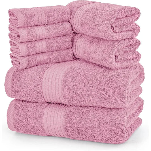 8 Piece Premium Towel Set, 2 Bath, 2 Hand, and 4 Washcloths, 100% Ring Spun Cotton, Highly Absorbent Towels for Bathroom