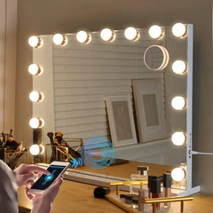 Vanity Mirror with Lights & Bluetooth Speaker, 15 Dimmable Bulbs, Touch Screen, USB Charging, 3 Color Modes