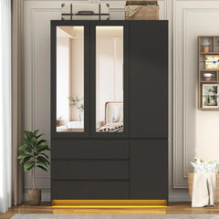 3 Doors Armoire Wardrobe Closet with 3 Drawers & Mirror, Modern Wooden Bedroom Armoires with Hanging Rod Led Lights for Bedroom,