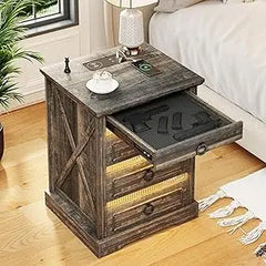 Bedside Table Set of 2 with Charging Station, LED Night Stand with Gun Drawer, Farmhouse Nightstands for Bedroom, End Table Rust