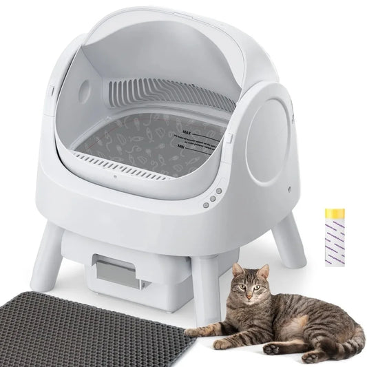 Cat Litter Box Self Cleaning, Open-Top Automatic Cat Litter Box with Safety Protection for Cats, Mat And Garbage Bags Included