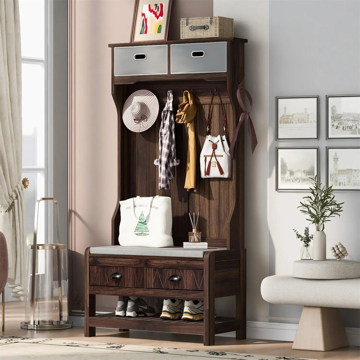 Hall Tree with 4 Metal Hooks, 2 Sliding Drawers, Top Shelves and Shoes Storage Shelf, Hallway Coat Rack Entryway Bench
