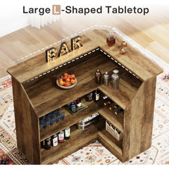 L-Shaped Home Bar Table with Stemware Racks, 4-Tier Corner Unit Liquor Wine, Brown,  Wine Cabinets