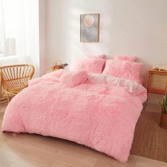 Fluffy Faux Fur Pink Comforter Cover Set Queen - Ultra Soft Plush Pink Bedding Sets 3 Pieces (1 Fluffy Cover Duvet Cover Set
