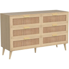 6 Drawer Double Dresser for Bedroom, Rattan Chest of Dressers, Modern Wooden Dresser Chest with Golden Handles,