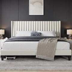 Yaheetech King Bed Frame Upholstered Platform Bed with Fabric Headboard, Wing Edge Design/Non-Slip and Noise-Free/Wooden Slats S