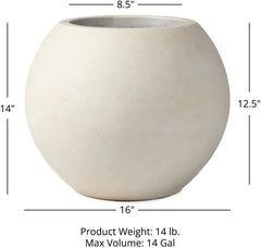 16" D Ceramic Indoor Outdoor Round Sphere Planter, Satin Ivory, Home Décor Evergreen Weather Resistant Modern Planter Pot