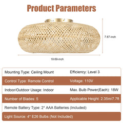Modern Led Ceiling Fans With Light Bamboo Rattan Hand-Woven Retro Ceiling Lamp With Fans Remote Control 110V