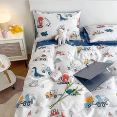 Kids Duvet Cover Set Full Size, Cotton Cartoon Car Truck Bedding Set for Boys Girls, 3 Pieces Soft Breathable White Yellow Plaid
