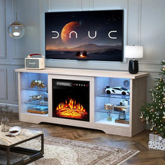 Fireplace TV Stand with 18” Electric Fireplace & LED Lights – Entertainment Center for TVs Up to 70”