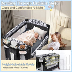 5-in-1 Pack and Play, Baby Bassinet Bedside Sleeper with Diaper Changer, Storage Bag & Music Box, Portable Baby Crib