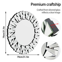 32" Wall Mirrors Decorative Round Sunburst Mirror for Wall Decor Modern Silver Glass Wall-Mounted Beveled Hanging Circle Accents