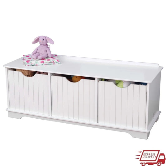 Nantucket Wood Storage Bench with Removable Bins Indoor Seating Toy Organizer Kids Furniture Playroom Storage Solution