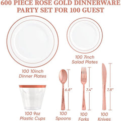 600 Plastic Disposable Tableware Set for 100 Guests, Including 100 Dinner Plates, 100 Salad Plates, 100 Cups, 100 Silverware Set