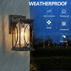 14"(H) 1-pack Black Outdoor Wall Lantern with Crackled Glass, Weather-Resistant Exterior Light Fixture (Bulb Not Included)
