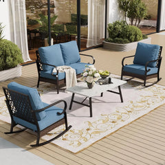 4 Piece Metal Outdoor Patio Furniture Set, Patio Conversation Sets 2-Seater Sofa, 2 Single Sofa and Coffee Table