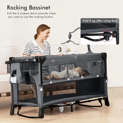 5 in 1 Baby Bassinet, Bedside Crib & Playpen Easy Folding Portable Crib with Mobile, Sheet & Mattress (Grey)