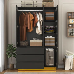 3 Doors Armoire Wardrobe Closet with 3 Drawers & Mirror, Modern Wooden Bedroom Armoires with Hanging Rod Led Lights for Bedroom,